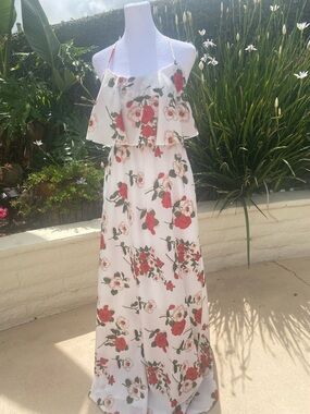 Floral Ruffle Halter Maxi Dress in Cream and Red